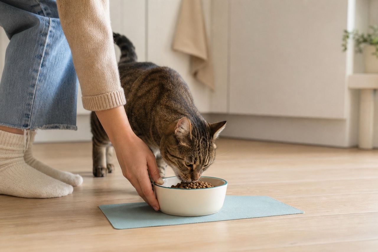 Un chat mange pendant qu’une personne pose sa gamelle