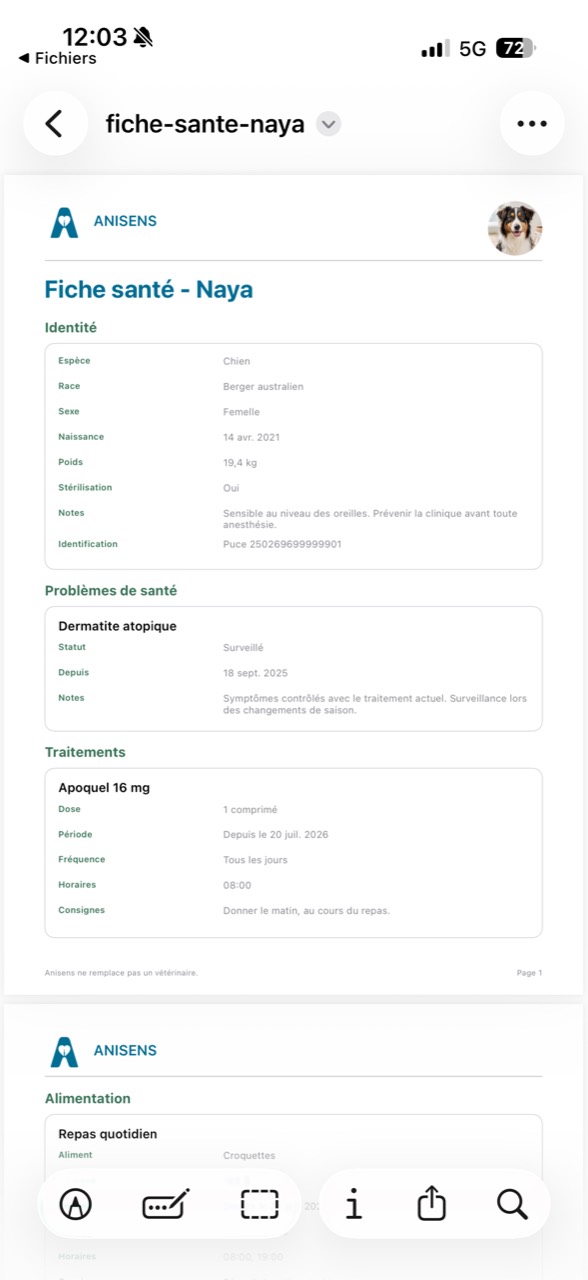 Fiche santé PDF de Naya exportée depuis ANISENS